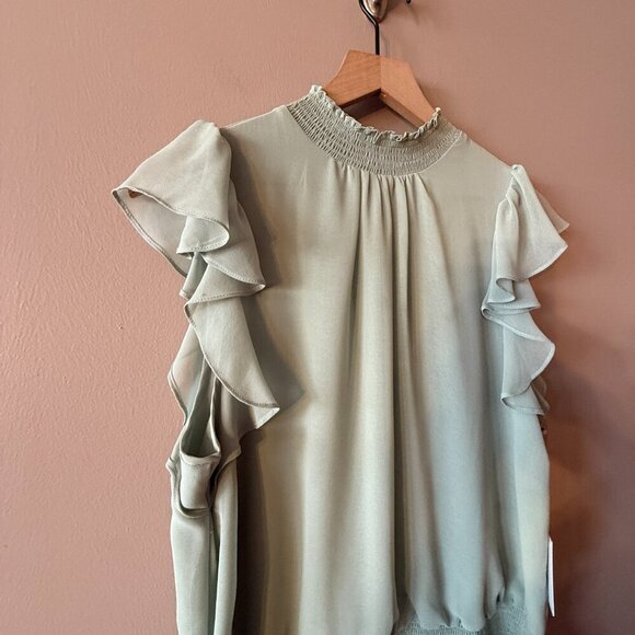 Women's L NWT 1. STATE. Smocked Mock Neck Dress Flutter Sleeve Mini - Picture 6 of 10